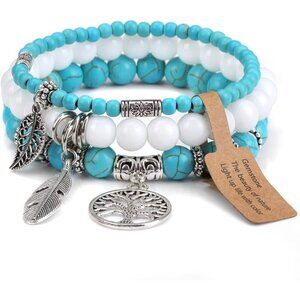 3PCS Charm-Blue Turquoise Natural Stone Beaded Stretch Bracelet for Gifts